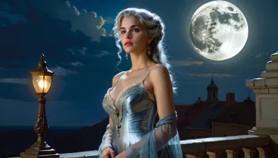 Art by Daniel F. Gerhartz. very detailed and elaborate. realism. magazine With picture of night nature and big moon in the sky. silver hair, slim young woman in simple dress. Baroque. Gloomy. night.