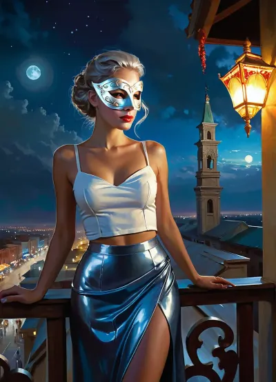 Art by Daniel F. Gerhartz. very detailed and elaborate. realism. magazine With picture of night nature and moon in the sky. a thin, slim girl with silver hair stands alone in a casual shirt and straight long skirt. carnival mask on her face, on the balcony, it's dark around. Gloomy. night in futuristic city, sci-fi. casual shirt, carnival mask