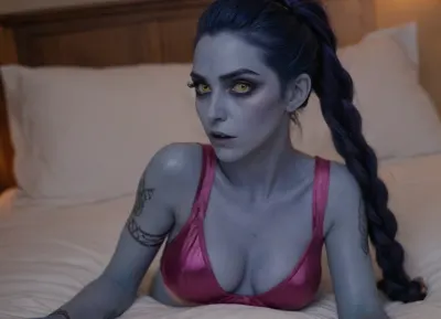 POV of me Widowmaker from Overwatch, horny face, delicate features. Angelic features. Big yellow irises eyes. Tits out, fit body, side view, ass up pose, on bed, orgasm face, ., (She has Blue skin:1.5), . Purple hair. Long braid, Long sweaty hair. Lingerie, Widowmaker, Overwatch, <lora:widowmaker_xl_v1:.8>