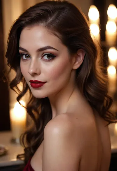 20 year old brown haired woman side eyeing camera, looking over her shoulder, smiling, happy, seductive, back to camera, full dark red lips, prominent cupids bow lips, shiny lipgloss, hair loose, (eyeliner, winged eyeliner, dark eyeshadow), makeup, nude, (candlelight)