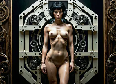 A unique and beautiful nude female cyborg with anatomically correct proportions, biomechanical and mechanical "ghost in the shell" design created by a blend of the camera angle styles of Jeremy Mann, the ideal man and biblical iconography . Movie poster designed by Dave McKean, grunge texture, folded paper, frayed edges and moisture stains. wood engraving, Fritz Lang, German expressionism and geometric figures. aesthetic, capturing photographs that exude a dark, sinister and absurdly grotesque atmosphere. black and white, black and white frame, digital art, perfect composition, beautiful intricate and incredibly detailed. By Hans Ruedi Giger and Ferdinand Hodler.render, trending on artstation, 8k fine art photography, photorealistic concept art, soft natural volumetric cinematic perfect light, chiaroscuro, award winning photography, masterpiece, oil on canvas, Raphael, Caravaggio, Greg Rutkowski, Beeple, Beksinski, By Hans Ruedi Giger and Ferdinand Hodler.
