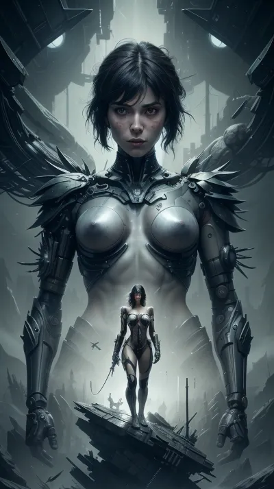 A unique and beautiful nude female cyborg with anatomically correct proportions, biomechanical and mechanical "ghost in the shell" design created by a blend of the camera angle styles of Jeremy Mann, the ideal man and biblical iconography . Movie poster designed by Dave McKean, grunge texture, folded paper, frayed edges and moisture stains. wood engraving, Fritz Lang, German expressionism and geometric figures. aesthetic, capturing photographs that exude a dark, sinister and absurdly grotesque atmosphere. black and white, black and white frame, digital art, perfect composition, beautiful intricate and incredibly detailed. By Hans Ruedi Giger and Ferdinand Hodler.render, trending on artstation, 8k fine art photography, photorealistic concept art, soft natural volumetric cinematic perfect light, chiaroscuro, award winning photography, masterpiece, oil on canvas, Raphael, Caravaggio, Greg Rutkowski, Beeple, Beksinski, By Hans Ruedi Giger and Ferdinand Hodler.