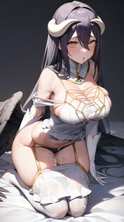 1girl, solo, albedo \, (overlord\), huge breasts, white_horns, slit pupils, demon horns, black wings, feathered wings, low wings, large wings, detached collar, white dress, dakimakura \, (medium\), elbow gloves, kneeling, panties, blush, lacting, cum, cum face, cum body, <lora:CharacterAlbedoDemonHorn:1>