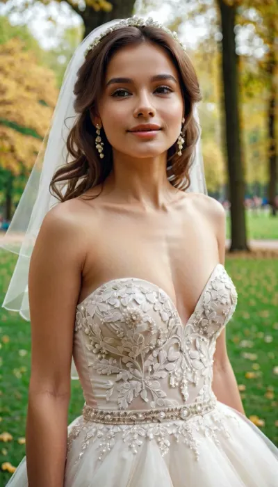 beautiful cute nude young bride, park, joyful