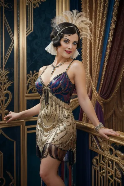 (4K UHD ultra-detailed RAW photo), finely detail, highres, (photorealistic:1.4), pixie haircut with shaved temples, A full body shot, portrayal of a stylish 1920s Southern French woman in negligee, with an expressive and beautiful smile, against a complex Art Deco patterned background, exuding The Great Gatsby's luxury. Created Using, symbiotic transform, vibrant colors, glossy textures, theatrical lighting, strong contrasts, dynamic composition, opulent accessories, ornate background details, flamboyant flair, X jazz age luxury, hd quality, natural look, flapper, dress, <lora:Flapper_Dresses:.5>
