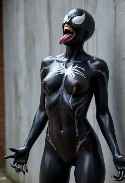 Venomous symbiont: 고품질 몸 페인트 예술에 있는 치료한 벽의 뒤에 30 세 여자