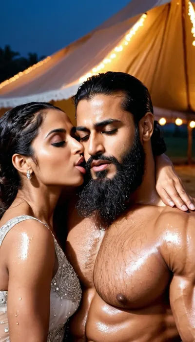 (1 Man and 1 girl, very ruggedly handsome and muscular Muslim bodybuilder named 'Afzal Khan' seductively kissing his beautiful girlfriend in the secluded tent at midnight, Wet open mouth kiss involving tongue and exchanging saliva), ((Girl wears sheer bridal gown and Muslim man wears traditional Muslim groom clothes)), (Handsome and Hot Muslim hunk with very long beard is passionately kissing a girl), dark and rough Muslim men, 40 year old, Muslim, tall muscled Arab Indian dominant Muslim daddy having hairy armpits and Chest, perfect fingers, oily Sweaty body, small black grey hair slicked back, dilf, Big seductive eyes, Wet body, (rain drops), ultra sharp high definition details, pubic hair, professional photography, sharp focus, 4k high definition, insanely detailed, RAW photo, HDR, hyper-realistic, photo realism, (Married Muslim Hunk sucking the lips of a girl passionately with his experienced Mouth), (Huge bearded Muslim Hunk tightly embracing a gorgeous girl and making passionate love)