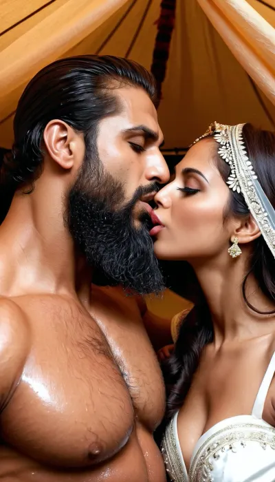 (1 Man and 1 girl, very ruggedly handsome and muscular Muslim bodybuilder named 'Afzal Khan' seductively kissing his beautiful girlfriend in the secluded tent at midnight, Wet open mouth kiss involving tongue and exchanging saliva), ((Girl wears sheer bridal gown)), (Handsome and Hot Muslim hunk with very long beard is passionately kissing a girl), dark and rough Muslim men, 40 year old, Muslim, tall muscled Arab Indian dominant Muslim daddy having hairy armpits and Chest, perfect fingers, oily Sweaty body, small black grey hair slicked back, dilf, Big seductive eyes, Wet body, (rain drops), ultra sharp high definition details, pubic hair, professional photography, sharp focus, 4k high definition, insanely detailed, RAW photo, HDR, hyper-realistic, photo realism, (Married Muslim Hunk sucking the lips of a girl passionately with his experienced Mouth), (Huge bearded Muslim Hunk tightly embracing a gorgeous girl and making passionate love)