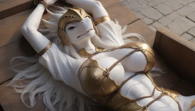 (white anthro dragon girl:2), (white long hair+white scale+angry:1.5), (fit female+huge breasts:1.1), (gold knight armor+helmet:1.1), in medieval city, (lying+bondage+arms up+above view)