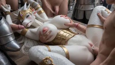 (white anthro dragon girl:1.8), (white long hair+white scale:1.5), (fit female+huge breasts:1.1), (gold knight armor+helmet:1.1), in medieval city street, (lying+bondage+arms up+gangbang), (annoyed+tears:1.2), (human male), (vaginal sex:1.2), (innie pussy:1.1), breast grab, (overflowing cum:1.1), (impregnation)