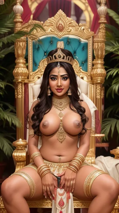 22 years sweet Indian queen wearing g string, sitting on the throne of big black dicks, (dicks), (coak), (penis), cum leaking from her pussy, nude girl, empress