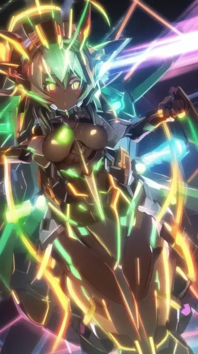 fully nude very muscular black girl, very dark skin, mid size breasts, glowing light yellow tousled hair, glowing light green body painting, glowing light red eyes, full body view, night in futuristic city with neon lights