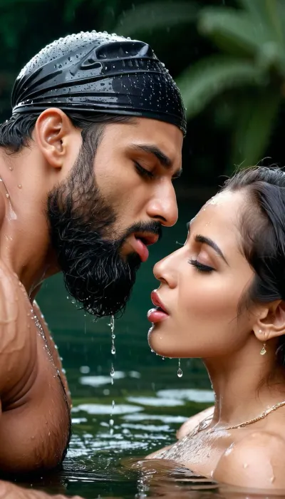 (very ruggedly handsome and muscular Muslim bodybuilder named 'Afzal Khan' sucking the lips of his beautiful girlfriend in pond at midnight), (Girl clad in wet sheer gown is enjoying the wet kisses), (Handsome and Hot Muslim hunk with very long beard and hairy Chest is passionately kissing a girl), dark and rough Muslim men, 40 year old, Muslim, tall muscled Arab Indian dominant Muslim daddy having hairy armpits and Chest, perfect fingers, oily Sweaty body, small black grey hair slicked back, dilf, Big seductive eyes, Wet body, (rain drops), ultra sharp high definition details, pubic hair, professional photography, sharp focus, 4k high definition, insanely detailed, RAW photo, HDR, hyper-realistic, cinematic lighting, photo realism, (Married Muslim Hunk sucking the lips of a girl passionately with his experienced Mouth), erotic and intimate scene, (Huge bearded Muslim Hunk tightly embracing a gorgeous girl and making passionate love, open mouth wet kiss exchanging saliva), (Muslim man wearing round Muslim Mesh prayer cap for Namaz)