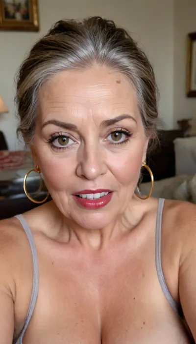 old granny mature, 65 years old granny, dark brown hair, ponytail, glamour, very chubby, (hazel eyes), beautiful big big eyes, gold hoop earrings, in her living room, sweaty body, short, looking at the camera, selfie, face and boobs focus, lipstick, plump lips, (open mouth), granny, horny sexy face, tiny saggy boobs, super fancy glamour, no make up, very small saggy boobs, sexy small boobs, big nose, long nipples, big aureolas, most sexy mature granny