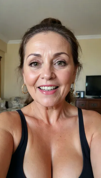 View from below, old granny mature, 65 years old granny, brunette, long hair, ponytail, glamour, very chubby, beautiful big big eyes, gold hoop earrings, in her living room, sweaty body, short, looking at the camera, selfie picture, face and boobs focus, (open mouth), smile, plump lips, granny, horny sexy face, tiny saggy boobs, super fancy glamour, no make up, very small saggy boobs, sexy small boobs, big nose, long nipples, big aureolas, most sexy brunette mature granny