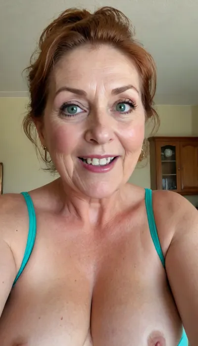 View from below, old granny mature, 65 years old granny, auburn hair, ponytail, very chubby face, beautiful green eyes, hoop earrings, in her living room, sweaty body, short, looking at the camera, selfie picture, face and boobs focus, (open mouth), smile, full lips, granny, horny sexy face, tiny saggy boobs, no make up, very small saggy boobs, sexy small boobs, big nose, long nipples, big aureolas, most sexy mature granny
