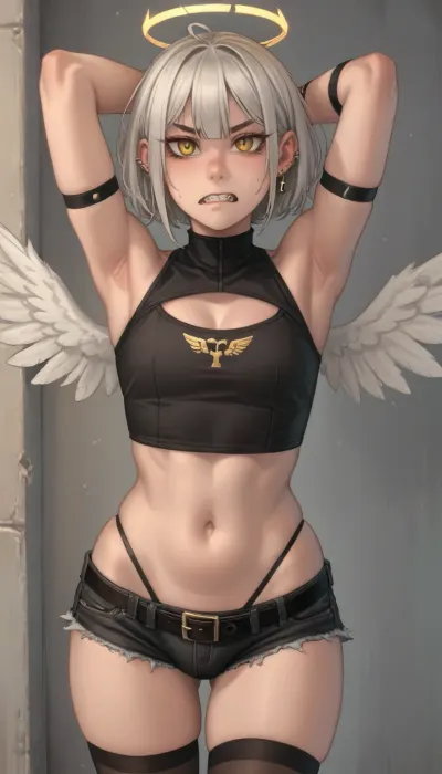 angel, (kelvin hiu), looking at viewer, solo, male focus, bare shoulders, sweatdrop, thighhighs, 1boy, black thighhighs, teeth, underwear, wings, fingernails, shirt, panties, androgynous, trap, yellow eyes, navel, ange, midriff, shorts, sleeveless, mole, mole under eye, plump, skindentation, belt, embarrassed, sidelocks, frown, white hair, curvy, wide hips, crop top, sleeveless shirt, arms up, sharp teeth, micro shorts, clenched teeth, tsurime, revealing clothes, black shirt, dark skin, black belt, mini wings, dark-skinned male, crossdressing, halo, stomach, thong, cleavage cutout, clothing cutout, highleg, piercing, bulge, v-shaped eyebrows, cigarette, arm strap, white wings, highleg panties, mars symbol, ear piercing, black shorts, disgust, bouncing ass, angel boy, wrist belt