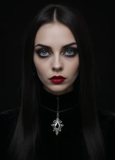 (An enrapturing portrait of an stunningly beautiful goth girl silhouetted against a black velvety backdrop:1.4), , (focus on eyes, intense expression, unnerving, eerie, inescapable eye contact, straight on view, leaning in, demanding presence:1.5), (long straight raven black hair), (soulless pale blue eyes, pale creamy porcelain skin, intense eye contact, chiselled cheekbones, strong jawline, defined jawline, elegant neck), (goth makeup, eye shadow, mascara, heavy mascara, winged eyeliner, long eyelashes, immaculate eyebrows, blood red lipstick, wet lip look), (her predatory smirk hints at the deadly fangs hidden beneath her glistening lips), ZipRealism