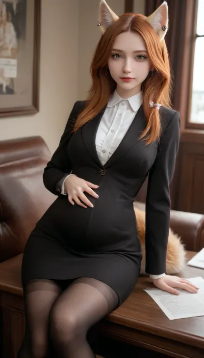 furry anthro female, furry anthro fox girl, furry female, furry anthro, furry body, bright fur, furrysdxl, furry anthro girl is a sexy secretary, smiling, green eyes, magnificent makeup, long ginger hair, ear piercing, nose piercing, tongue piercing, sitting on the big couch, looking at viewer, fully clothed female, clothed female, shirt, skirt, long skirt, black pantyhose, pantyhose, secretary suit, large breasts, narrow waist, large hips, large thighs, wide hips, big hips, thick thighs, big round ass, large ass, curvy woman, digital artwork, masterpiece, room with ambient neon light, pregnant, she gently stroking her pregnant belly, <lora:early621-000002:1.6>