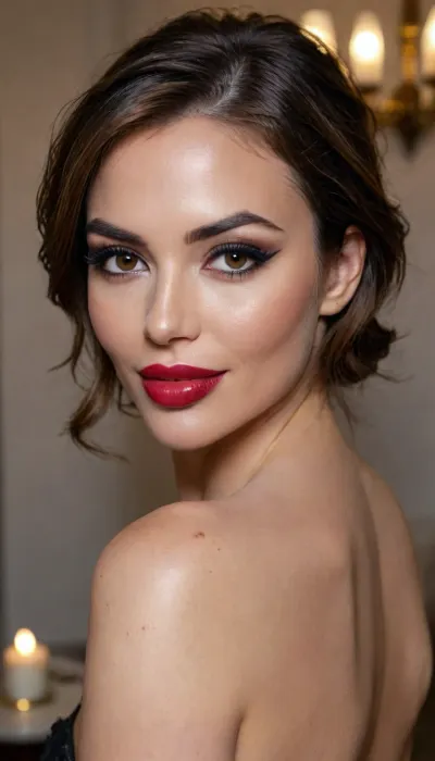 40 year old brown haired woman side eyeing camera, looking over her shoulder, smiling, happy, seductive, back to camera, full dark red lips, prominent cupids bow lips, shiny lipgloss, hair loose, (eyeliner, winged eyeliner, dark eyeshadow), nude, (candlelight), closeup portrait, bmbplora, <lora:bimboxl_02:.5>