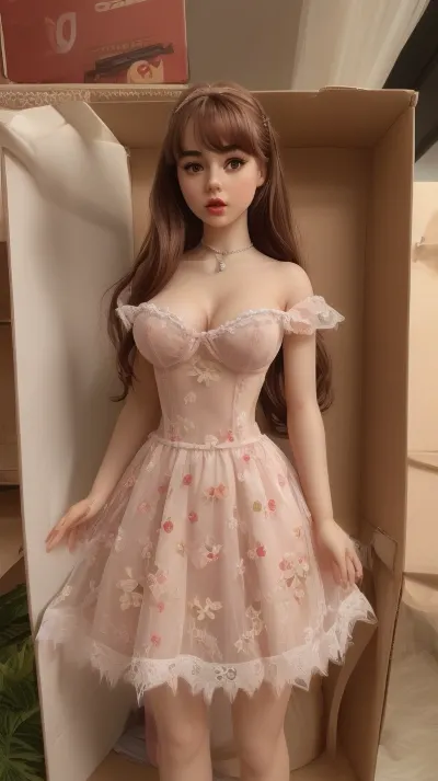 naked, real live doll, two dolls stand, real doll girl 18 years old, standing inside a box, big eyes, big breasts, mouth open, young petite beauty, small stature, erotic big size photo, 18 years