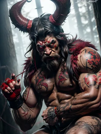 Brutal krampus, wild tattoo, muscle sexy body, red hat, brutal horns, claws, white beast eyes