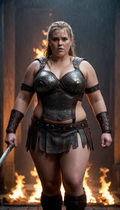 Chubby, fat, viking princess ready for battle. Muscular fit. In the rain, wet. Standing in a grate viking hall litt with fire tortches., <lora:MeMaV3_ill:.5>, XUER, martial, arts, style, <lora:绪儿XL 武侠:.5>, concept, art, realistic, dark, theme, low, light, <lora:Concept Art DarkSide Style LoRA_SeaArt Furry XL 1.0:.5>, Xena, <lora:xena_v0.0.1:.5>