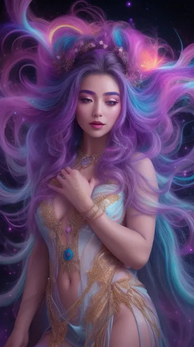 105000000100089.0, Gorgeous Galactic, A hyper-realistic portrait of a galactic female with glowing skin that shimmers with the colors of the cosmos, adorned with intricate golden ornaments and celestial jewelry. Her body is marked with luminescent runes that pulse faintly, creating a mystical aura. She wears a flowing, iridescent robe made of stardust-like fabric, and her hair cascades like a nebula, swirling with vibrant colors. The background features distant galaxies and stars, with soft beams of light illuminating her divine form. The image is framed with a cinematic close-up to capture the intricate details of her ornaments and glowing runes., voopri, <lora:VoodooPriestess-10:.5>