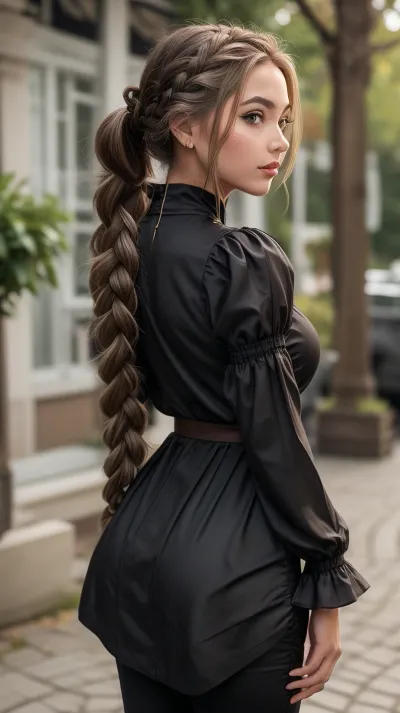 105000000100081.0, high detailed texture, photograph, realistic, 1girl, solo, long hair, breasts, brown eyes, looking at viewer, blush, large breasts, long sleeves, black dress, black pants, ass, braid, white hair, parted lips, puffy sleeves, looking back, from behind, hair over one eye, clothing cutout, back, juliet sleeves, braided ponytail, huge ass, back cutout