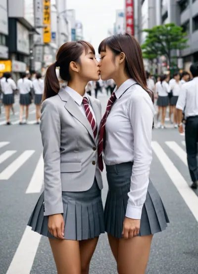 two beautiful Japanese models, one girl young and slender, small breasts, tanned, oiled, in white school uniform, pleated miniskirt, one girl 35 fit and curvy wearing grey office suit, kissing deeply and passionately, distance shot, standing in busy street, Shibuya, (office worker pedestrians in background)