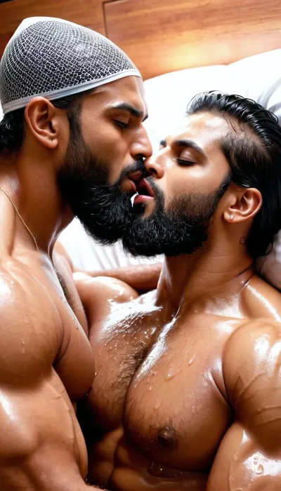 (very ruggedly handsome and muscular Muslim bodybuilder named 'Afzal Khan' sucking the lips of his beautiful girlfriend in Bed at midnight), (Girl clad in wet sheer gown is enjoying the wet kisses), (Handsome and Hot Muslim hunk with very long beard and hairy Chest is passionately kissing a girl), dark and rough Muslim men, 40 year old, Muslim, tall muscled Arab Indian dominant Muslim daddy having hairy armpits and Chest, perfect fingers, oily Sweaty body, small black grey hair slicked back, dilf, Big seductive eyes, Wet body, (rain drops), ultra sharp high definition details, pubic hair, professional photography, sharp focus, 4k high definition, insanely detailed, RAW photo, HDR, hyper-realistic, cinematic lighting, photo realism, (Married Muslim Hunk sucking the lips of a girl passionately with his experienced Mouth), erotic and intimate scene, (Huge bearded Muslim Hunk tightly embracing a gorgeous girl and making passionate love, open mouth wet kiss exchanging spit, saliva dripping from their mouth), (Muslim man wearing round Muslim Mesh prayer cap for Namaz)