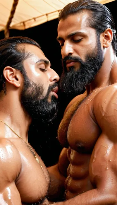 (very ruggedly handsome and muscular Muslim bodybuilder named 'Afzal Khan' kissing his beautiful girlfriend in the secluded tent at midnight), (Girl wears sheer Saree is enjoying the open mouth wet kisses), (Handsome and Hot Muslim hunk with very long beard is passionately kissing a girl and exchanging saliva), dark and rough Muslim men, 40 year old, Muslim, tall muscled Arab Indian dominant Muslim daddy having hairy armpits and Chest, perfect fingers, oily Sweaty body, small black grey hair slicked back, dilf, Big seductive eyes, Wet body, (rain drops), ultra sharp high definition details, pubic hair, professional photography, sharp focus, 4k high definition, insanely detailed, RAW photo, HDR, hyper-realistic, cinematic lighting, photo realism, (Married Muslim Hunk sucking the lips of a girl passionately with his experienced Mouth), erotic and intimate scene, (Huge bearded Muslim Hunk tightly embracing a gorgeous girl and making passionate love)