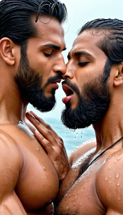 (very ruggedly handsome and muscular Muslim bodybuilder named 'Afzal Khan' seductively kissing his beautiful girlfriend in the secluded tent at midnight, Wet open mouth kiss involving tongue and exchanging saliva), (Girl wears sheer Saree is enjoying the wet kisses), (Handsome and Hot Muslim hunk with very long beard is passionately kissing a girl), dark and rough Muslim men, 40 year old, Muslim, tall muscled Arab Indian dominant Muslim daddy having hairy armpits and Chest, perfect fingers, oily Sweaty body, small black grey hair slicked back, dilf, Big seductive eyes, Wet body, (rain drops), ultra sharp high definition details, pubic hair, professional photography, sharp focus, 4k high definition, insanely detailed, RAW photo, HDR, hyper-realistic, cinematic lighting, photo realism, (Married Muslim Hunk sucking the lips of a girl passionately with his experienced Mouth), erotic and intimate scene, (Huge bearded Muslim Hunk tightly embracing a gorgeous girl and making passionate love)