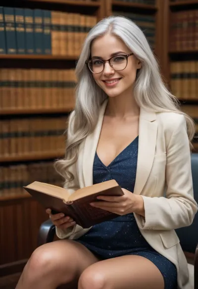 Elegant librarian. Long silver hair. Tilted glasses. Library. Holding a tome. Upskirt. Exposed vagina and anus. Galaxy-like eyes. Warm smile.