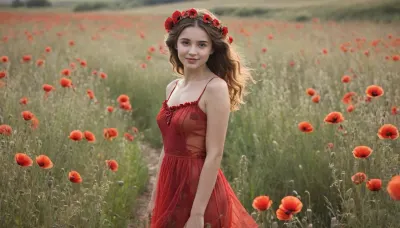 "Design a character inspired by Maková panenka, reimagined as a charming and vibrant figure in her mid-20s. She is a petite, graceful young woman with delicate features and a warm, friendly smile. Her hair is deep red, resembling the petals of a poppy flower, and falls in soft, wavy layers around her face and shoulders. Small poppy blossoms and green leaves are woven into her hair, adding to her connection with nature. Her outfit is inspired by the poppy flower, a flowing, petal-like dress in vivid shades of red and black, with soft green accents to mimic the poppy’s stem and leaves. The skirt of her dress flutters like flower petals in the breeze, giving her a light, ethereal appearance. She wears simple green slippers, reflecting her roots in the natural world. Maková panenka’s expression is lively and curious, with sparkling eyes that convey her playful and kind-hearted personality. Place her in a lush meadow filled with vibrant red poppies, tall grasses, and golden sunlight. Surround her with small creatures, like butterflies or ladybugs, emphasizing her harmony with her floral surroundings. The scene should feel colorful, warm, and slightly magical, capturing her as a radiant symbol of nature and beauty.", RedRealStockings, <lora:RedRealStockings_XL:.5>, <lora:nsfw-xl-2.0:.5>
