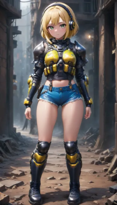 Bulletproof vest, knee pads, boots, AK 74 in hand, headphones, mini shorts, shoulder pad, <lora:aesthetic_anime_v1s:.5>