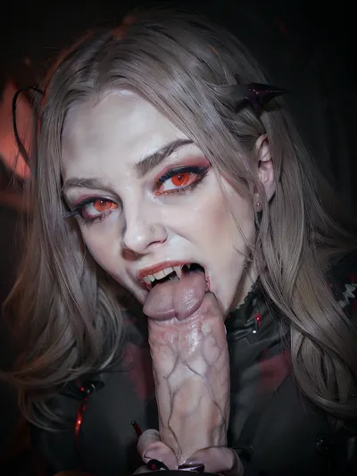 hyper detailed hyper realistic natural petite cutie, 18 years old beautiful vampire queen, (very slim), nightclub, very detailed face, pale woman with white hair, Vampire Queen sucks penis, close up, red eyes, (((very long vampiric fangs))), luxurious tiara in the style of dark fantasy, symmetrical epic fantasy art, dark fantasy, purple lights, neon, colorful, high detail, impeccable image quality, ultrarealism, cockbiting, bitingshaft, vampirebiting, 1girl, penis, hetero, 1boy, fellatio, oral, solo, focus, pov, fangs, <lora:bjwithteethv4-10:.8>, <lora:MS_Real_POV_Blowjob:.5>, <lora:fangs:.5>