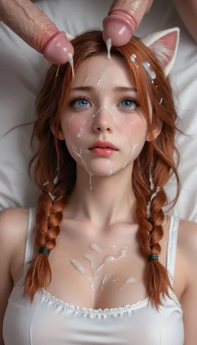 woman, hair in braided updo, one 18 year old women, crying, cat ears, braided pigtails, redhead, ((34DD tits)), lying down, (((cum in cleavage:1.1))), bukkake, (((covered in cum))), ((cum on boobs)), (((cum on face, 1.8))), (crying, tears in eyes), (((cum in eyes))), ((cum in hair)), ((huge cock)), slim, ((high detailed skin)), 8k uhd, dslr, perfect lighting, detailed shadows, high quality, detailed skin texture, (highly detailed hair), sharp body, highly detailed body, (realistic), soft focus, insanely detailed, highest quality, (skin pores), innocent, seductive, perfect makeup, friendly, flirty, (((cum on face))), full body, rape