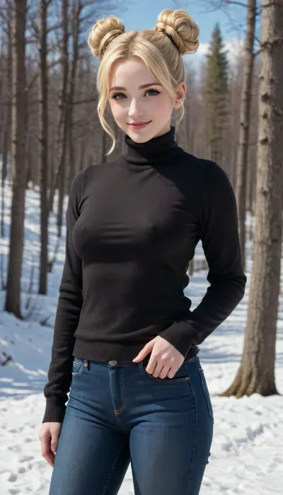 zPDXL3, ScarletFF7R, woman, short hair, hair bun, blue eyes, blonde hair, jewelry, medium breasts, black turtleneck sweater, long sleeves, jeans, looking at viewer, smiling, standing, outside, park, trees, snow, blue sky, mountain, big, hair, double, bun, floofy, bob, mega, ponytail, side, twin, drills, twintails, ojou, curls, <lora:xl_n15g_aio_hairstyles-1.0:.5>