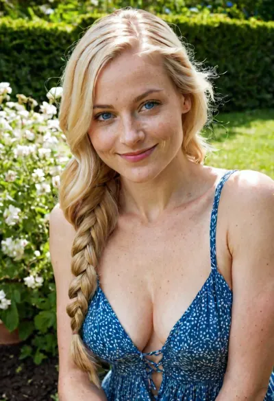Woman, 29 years old, blond platine hair, long braided hair, perfect blue eyes, smile, seductive face, freckless, sundress, cleavage, pronounced neckline, (medium natural tits), (very saggy tits), in the garden