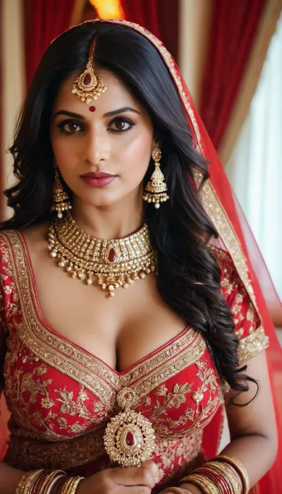 Indian bhabhi busty figure gorgeous face long open black hair brown eyes red bangles standing in a wedding dress