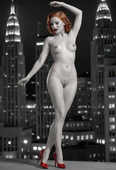 Black and white Art deco style cityscape, gorgeous 22yo naked redhead woman dancing in red high heels and red lipstick, slim build, large perky breasts, fingering, pussy, <lora:2FingersSDXL_v03:.5>