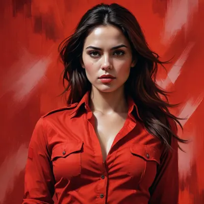 "An intense digital painting of a modern soldier woman, depicted with bold and dramatic brush strokes, exuding strength and allure. She stands confidently against a vibrant, saturated red background, contrasting with the monochrome treatment of her figure. Her unbuttoned and open-spread shirt reveals a deep neckline, adding an element of vulnerability and allure to her otherwise powerful demeanor. The high-contrast color scheme emphasizes her commanding presence, blending themes of resilience and sensuality. The composition feels like a striking modern era poster, with the fiery red backdrop amplifying the emotional and dramatic intensity of the artwork, creating a balance between raw power and captivating elegance."
