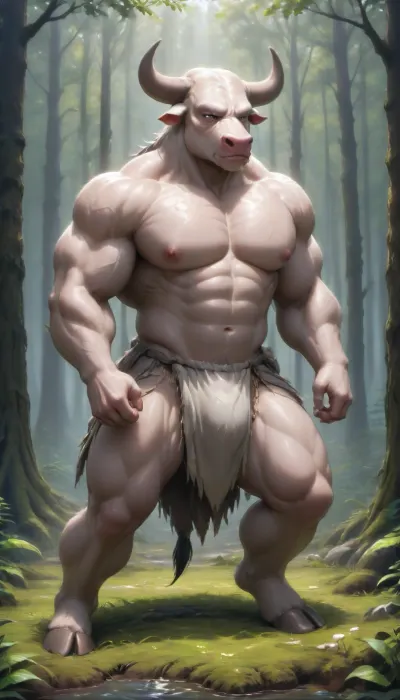 Bull man, tauren, bull's head, big muscles, standing in the forest