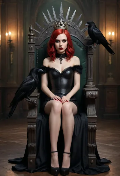 Girl, 25yo, game character, girl sitting on throne, ((crow sitting on top of the throne), (black sharp crown on her head)), throne made with bones, vampire, long bob haircut, shiny red hair, very pale skin, latex dress, (black), red lipstick, gothic makeup, green eyes, fluffy silver fur collar, legs, feet, dark light