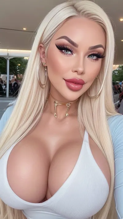 (best quality:1.1), young scandinavian fitnessmodel, busty young woman, Light smile, walking, sexy Makeup, long eyelashes, smokey eyes eyeshadow, intensive lightblonde hair, Very excited, gloss Skin, (bimbo aesthetic body), (medium_boltedontits:1.5), deep cleavage, tight lightblue jeans, white top, ((modern street Outfit)), beautiful symetrical face, (Botox filled lips:.8), (huge bimbo lips:.8), ((thick lips)), 8k, shiny intensive red lipgloss, detailed face, detailed eyes, gradient background, ((only upper body)), (in City Park), strong lighting, Insta, fakelips, huge, lip, filler, <lora:b262dbfdbd5b66cf3059e39b5791023c:.8>, <lora:fakelips:.5>, ButaAI, <lora:ButaAI:.5>
