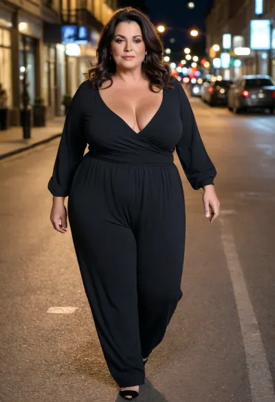 Women, 55 years old, milf, french, ssbbw figure, with oversized massive thick thighs and oversized wide hips. Natural floppy breast, braless under clothes. Tanned, tannlines. Seductive posing. Black hair, hairlenght up to hips, straight hairstyle. In wide jumpsuit, decollete. Night, city, street.