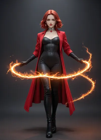 Mistress Aethany stands as a figure of unmatched authority and seductive dominance, exuding an aura that is both commanding and ethereal. Her presence is magnetic, drawing attention the moment she enters any space. Her sharp, angular features are perfectly symmetrical, giving her a timeless, almost otherworldly beauty.

Her eyes are striking, with blood-red pupils that glow faintly, set against the stark whiteness of the rest of her eyes. These eyes pierce through the soul, holding an air of mystery and control. Her hair is a vibrant fiery red, cascading in sharp, controlled waves down to her shoulders, its intense glow reflecting her fiery nature and unyielding confidence.

Her skin is smooth, pale, and flawless, almost as if carved from the finest marble, accentuating her commanding demeanor. Her lips are full, with a natural, deep crimson hue, often curved into a knowing smirk or a firm line of authority. Her expression is one of quiet confidence, blending allure with an unspoken command.

Her attire is a masterpiece of dominance and elegance, blending dark and reddish hues. She wears a form-fitting bodysuit crafted from a shimmering black leather-like material with red undertones that reflect light subtly. Intricate, flame-like patterns are etched into the fabric, glowing faintly with an ember-like radiance. Over this, she dons a high-collared, sleeveless coat with long tails that drape dramatically behind her. Her boots are knee-high, heeled, and equally adorned with subtle glowing patterns, completing her commanding and intimidating silhouette.

Her accessories include a sleek, silver choker embedded with a small, blood-red gemstone at its center, symbolizing her authority and power. Her gloves are elbow-length and crafted from the same leather-like material as her bodysuit, enhancing her refined yet domineering aesthetic. She wears a belt with silver accents and glowing red runes, hinting at her mystical and enigmatic capabilities.

Mistress Aethany’s posture is flawless, precise, exuding control with every step. She stands tall and confident, with a gaze that commands respect and submission. The faint aura surrounding her shimmers with red and black hues, swirling gently, further amplifying her ethereal presence.

Mistress Aethany, ethereal dominatrix, fiery red hair, glowing red pupils, piercing gaze, blood-red gemstone, high-collared coat, form-fitting leather bodysuit, intricate glowing patterns, commanding posture, striking angular features, flawless pale skin, crimson lips, knee-high heeled boots, elbow-length gloves, silver choker, glowing runes, intense authority, seductive dominance, fiery aura, black and red aesthetic, dramatic long-tailed coat, elegant and intimidating, mystical presence, glowing embers, otherworldly beauty, sharp jawline, intricate details, seductive smirk, authoritative demeanor, precise movements, powerful aura, mystical figure, elegant dominatrix, glowing ember patterns, dark and reddish hues, ethereal glow.