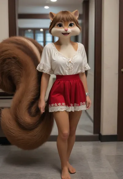 (Anthro squirrel furry body, squirrel FEMALE antro furry, squirrel furry full body, fur body, antro squirrel face, squirrel teeth)