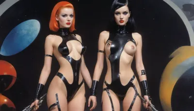 (style of old pulp scifi poster, Flat 2D Art:1.4), (retrofuturism, very small perky tits, covered nipples, visible pussy:1.4), (side-by-side:1), side-by-side pictures of 18 year old slim sexy space princess wearing asymmetric avant-garde super tight space suit, (avant-garde asymmetric clothes:1.6), (wearing, futuristic, sexy, asymmetric, torn, cutout, exposing breast or pussy, lewd, intricate details, avant-garde, cutouts, cutoffs, lace, leggins, leotard, hotpants, uniform, suit, flightsuit, spacesuit, space_space, Avant-garde, edgbodytape), rank insignia, royal insignia, <lora:Space_clothes-xl-8:.5>, <lora:Avant-garde Fashion:.5>, <lora:edgBodytapeXL:.5>